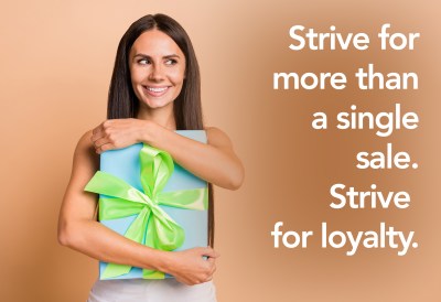 Photo Portrait Of Woman Hugging Gift Box Looking At Blank Space